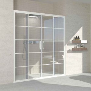 Resguardo de duche frontal FLARE 2 fixas -2 portas de correr com decoração industrial. Sem perfil inferior. Com tratamento anti-calcário. Acabamento BRANCO MATTE