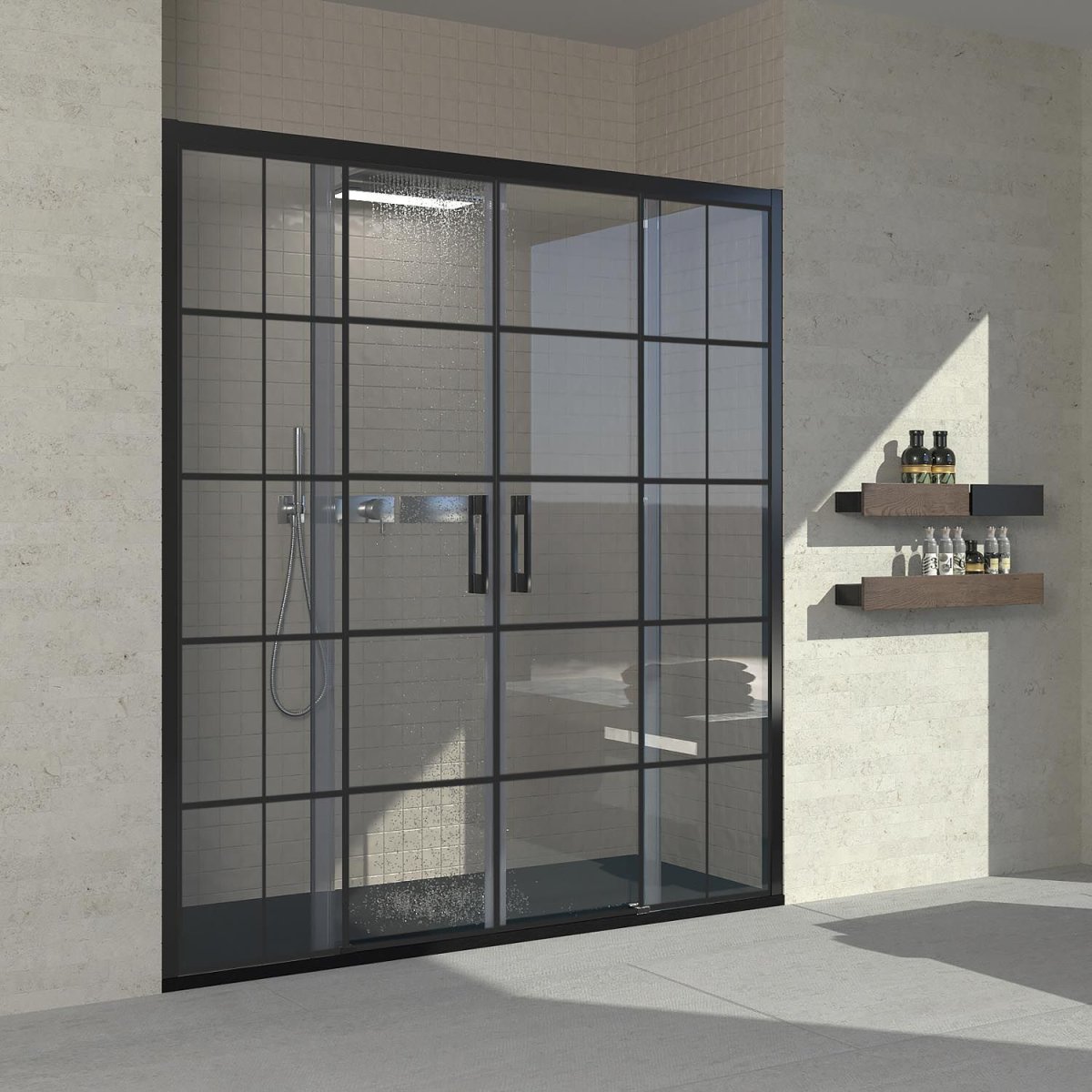 Resguardo de duche frontal FLARE 2 fixas -2 portas de correr com decoração industrial. Sem perfil inferior. Com tratamento anti-calcário. Acabamento PRETO MATE