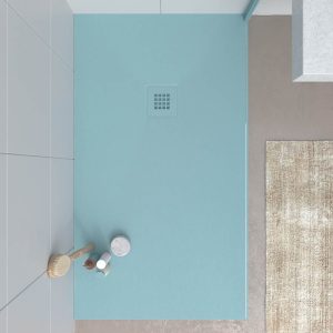 Base de duche em resina CLOE Turquesa Pastel RAL 6034 com textura de ardósia antibacteriana e antiderrapante. Grelha termolacada