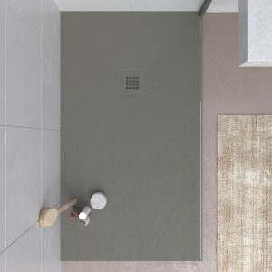 Base de duche em resina CLOE Quartzo Cinzento RAL 7039 com textura de ardósia antibacteriana e antiderrapante. Grelha termolacada