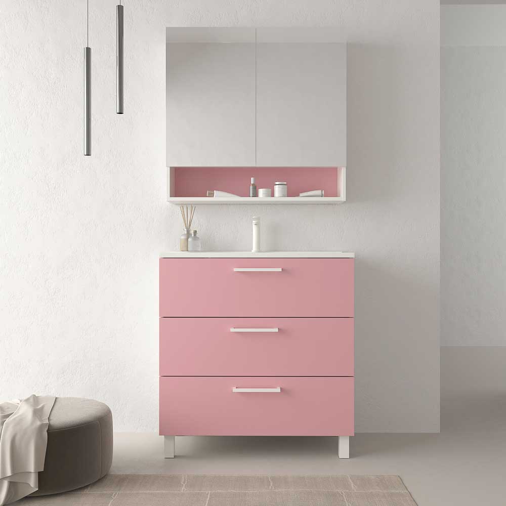 Móvel de casa de banho com pés NEXO 3 gavetas profundidade reduzida 40 cm lacado mate com lavatório em porcelana ROSA PALO - Image 2