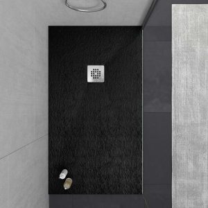 Base de duche em resina ONE Preto RAL 9005 e outras cores com textura ardósia antibacteriana e antiderrapante. Grelha em aço inoxidável