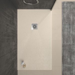 Base de duche em resina ONE Creme RAL 1013 e outras cores exclusivas com textura ardósia antibacteriana e antiderrapante. Grelha em aço inoxidável