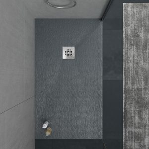 Base de duche em resina ONE Cinzento Antracite RAL 7016 e outras cores com textura ardósia antibacteriana e antiderrapante. Grelha em aço inoxidável