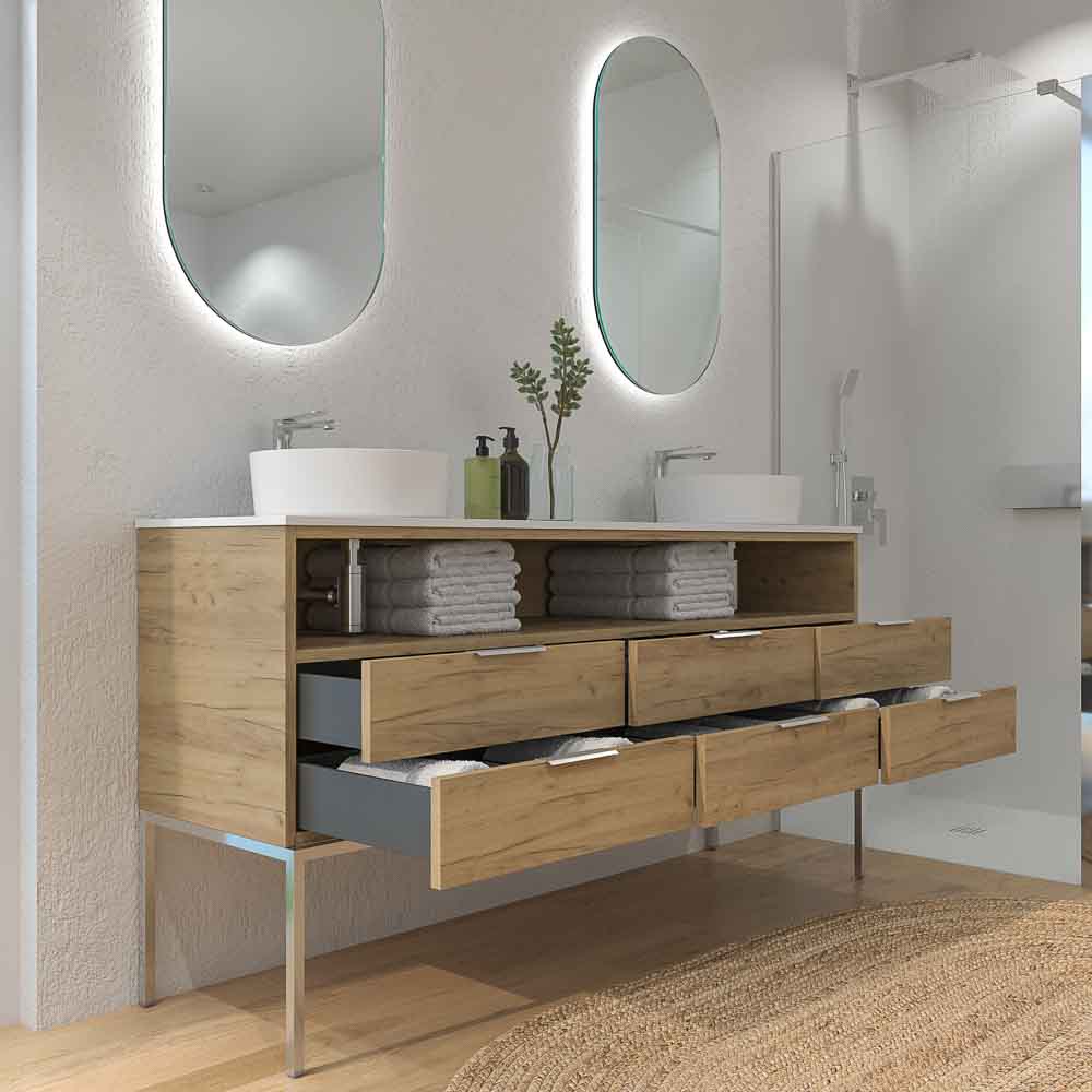 Móvel de casa de banho ELLA com pés 4 gavetas – 1 espaço com tampa SOLID SUPERFACE 2 lavatórios LIGHT OAK - Image 3