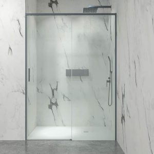 Divisória de duche frontal NEXO 1 fixa – 1 porta de correr Perfil MINIMALISTA Acabamento GRAPHITE