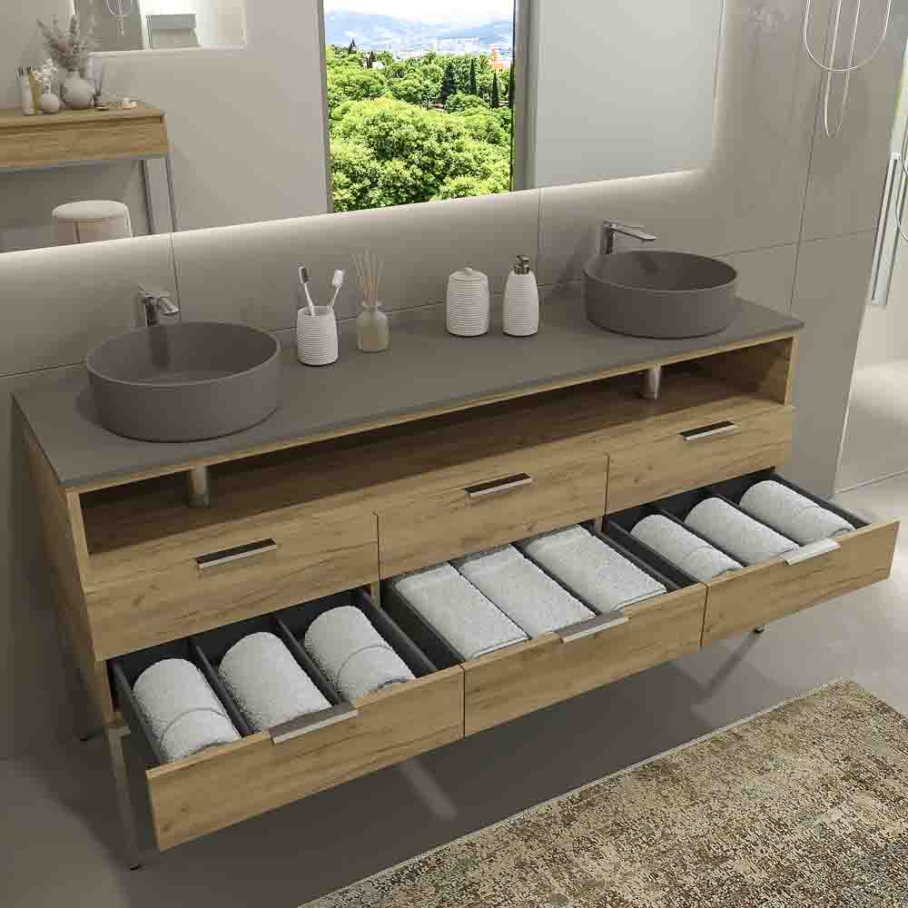 Móvel de casa de banho ELLA com pés 4 gavetas – 1 espaço com tampa SOLID SUPERFACE 2 lavatórios LIGHT OAK - Image 8