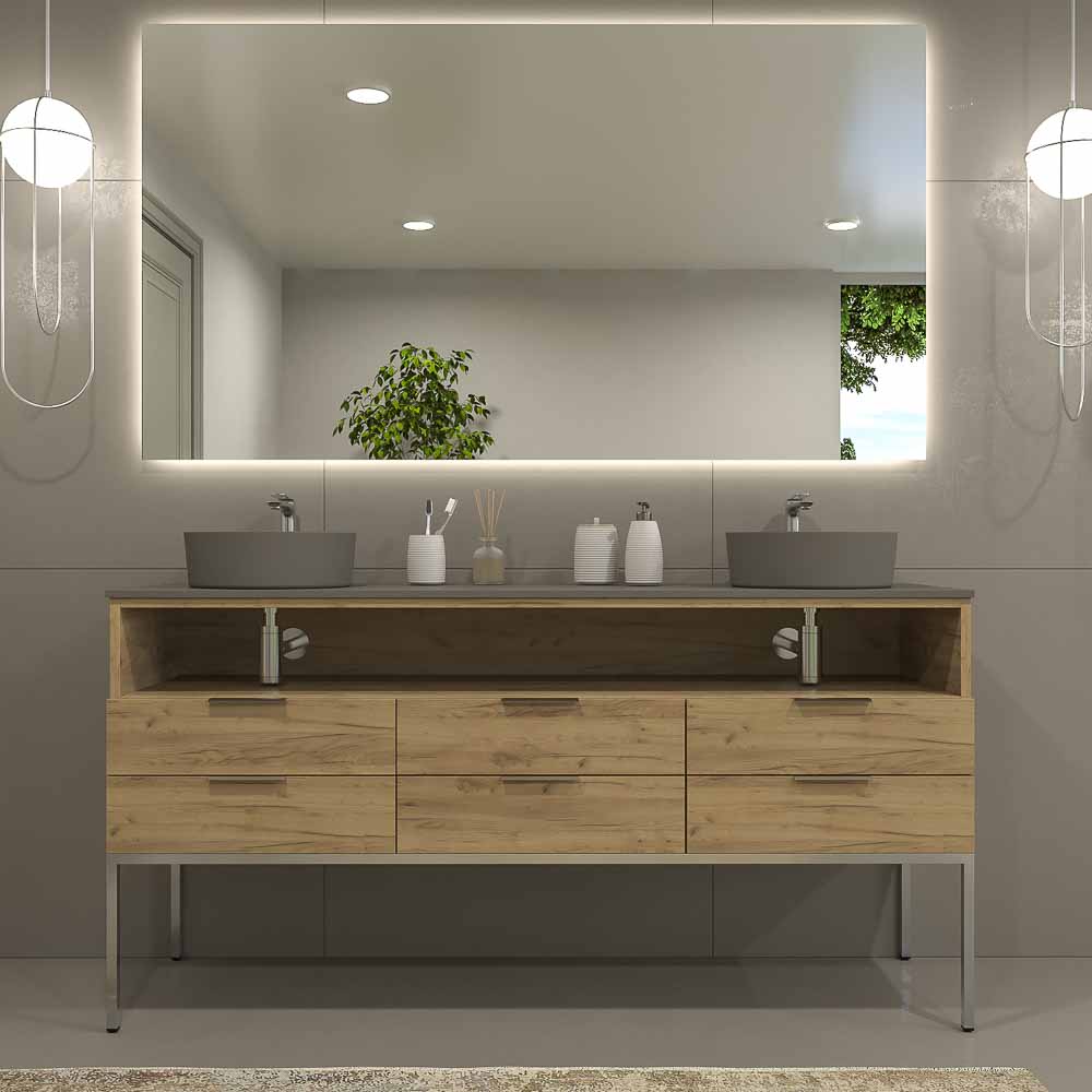 Móvel de casa de banho ELLA com pés 4 gavetas – 1 espaço com tampa SOLID SUPERFACE 2 lavatórios LIGHT OAK - Image 9