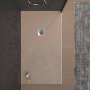 Base de duche em resina ONE Moka RAL 1019 e outras cores com textura ardósia antibacteriana e antiderrapante. Grelha em aço inoxidável