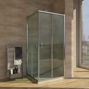 Cabine de duche quadrada TEMPO abertura angular 2 fixas-2 portas de correr. Com tratamento anti-calcário Acabamento CROMADO BRILHANTE.