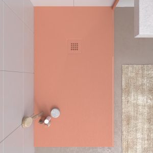 Base de duche em resina CLOE Flamingo Rosa RAL 3012 com textura de ardósia antibacteriana e antiderrapante. Grelha termolacada